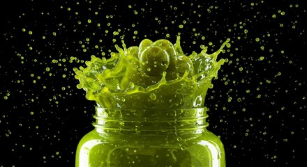 Fresh green liquid splashing from jar of fruit