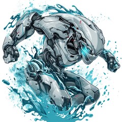Futuristic Robot Leaping Through Aqua Splashes On White Background