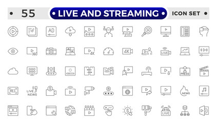 Live and Streaming outline icon set. Live stream, broadcasting online stream. Lower third template for tv, shows, movies and live performance.