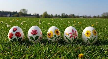Colorful painted eggs in a grassy field