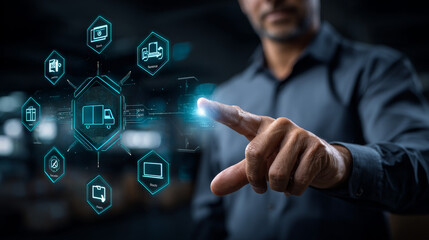 Businessman holding supply chain management tools, optimizing logistics and production to enhance efficiency and reduce costs. Processes from sourcing materials to delivering finished products