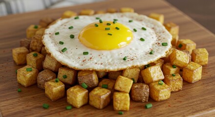 Perfectly fried egg atop a bed of golden, cubed potatoes, garnished with chives