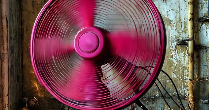 Pink industrial fan rotates rapidly in a grungy, abandoned factory setting.