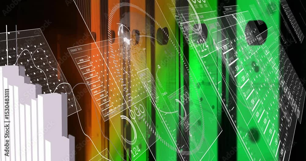 Poster upon start abstract data sliding interface panels in, rising 3d bar chart visualizing data trends
