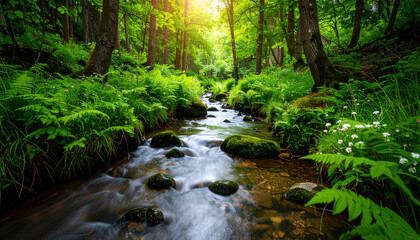 Clear freshwater stream flows through lush green woodland, sunlight filtering through tall trees, mossy rocks and ferns create peaceful, natural, high detail, realistic scene