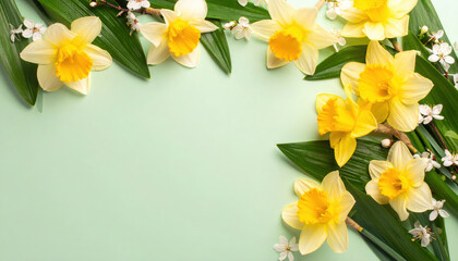 Fresh green leaves and yellow daffodils with cherry blossoms on soft pastel background, creating cheerful and natural spring floral border with copy space