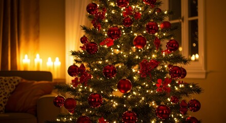 Christmas tree with red ornaments and lights