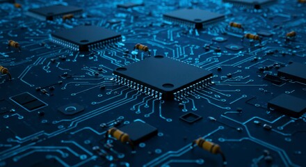 Intricate close-up shows a computer motherboard with many integrated circuits and processors, illuminated