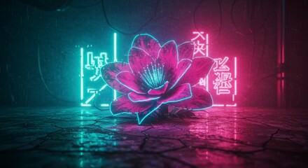 Neon flower in a cracked, dark environment