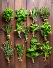Fresh aromatic herbs assortment including basil thyme rosemary and oregano on wooden surface