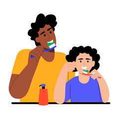 A flat style illustration showing kid brushing teeth with father