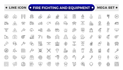 fire fighting and equipment outline Icon Set. Firefighters, Extinguishers, Alarms, and Rescue Vector Icons