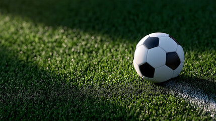 Fototapeta premium Soccer ball at center spot on bright green turf with white markings, warm sun shadows and stadium ambiance, ideal for championship ads or athletic branding imagery, soccer field, football kickoff,