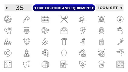 fire fighting and equipment outline Icon Set. Firefighters, Extinguishers, Alarms, and Rescue Vector Icons