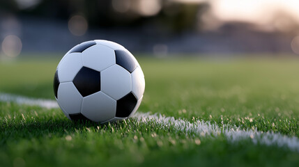 Fototapeta premium High-detail football field with vivid grass, centered black-and-white soccer ball, dramatic lighting and blurred stadium background, symbolizing energy and game day excitement, soccer field, football 