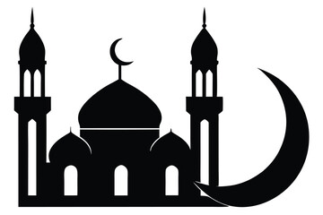 Hand drawn line art silhouette of a mosque and moon