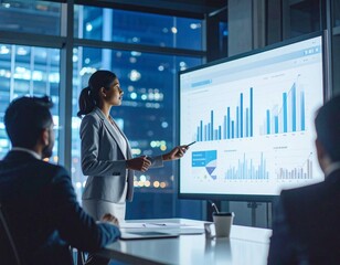 Indian businesswoman giving a powerful presentation in front of a digital whiteboard. 