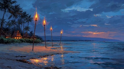 Beach scene with tiki torches at dusk and palm trees near a building on the shoreline