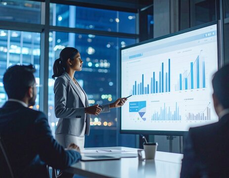 Indian businesswoman giving a powerful presentation in front of a digital whiteboard.  - Powered by Adobe