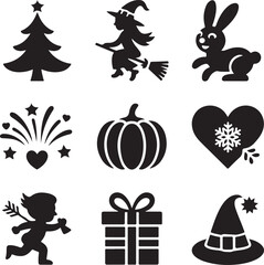 Festive Holiday Silhouette Vector Bundle – 10 Black & White Icons – Christmas Tree, Witch, Easter Bunny, Pumpkin, Fireworks & More