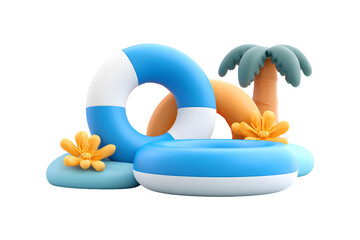 Vibrant 3D summer scene featuring a pool, ring buoy, palm tree and flower on transparent background