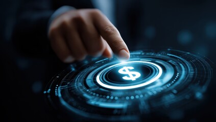 Hand interacting with a glowing, digital dollar sign interface