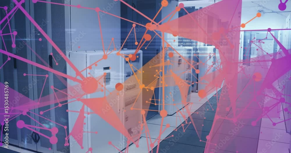 Poster animated node web drifting in over row of white server cabinets, visualizing data flow and fading