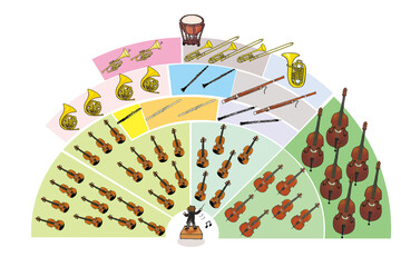 An illustration of orchestral instrument arrangement for classical music. © まりこ いとう