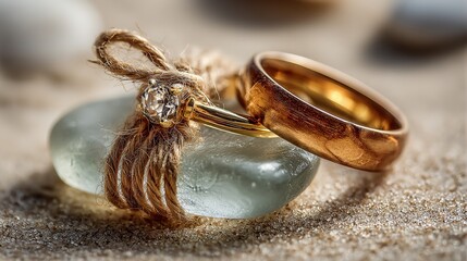 Two gold wedding rings on a sea glass stone tied with twine on a sandy surface in soft focus