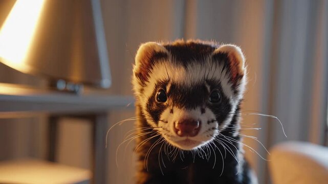 Curious ferret staring at the camera in a cozy home interior