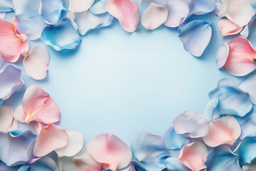 Pastel Floral Petals Frame on Blue Background with Copy Space