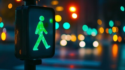 Traffic light displays green pedestrian signal at urban intersection during evening rush hour