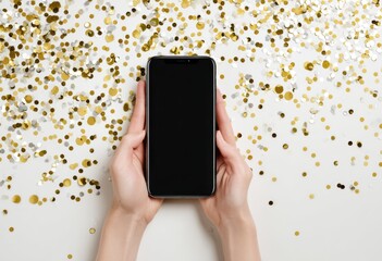 Smartphone held in hands, surrounded by confetti