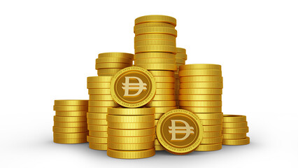 3D rendering of pile of abstract golden United Arab Emirates Dirham coins isolated on transparent background.