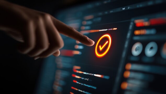 Close-up of hand pointing at glowing checkmark on computer screen