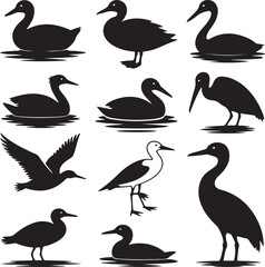 Aquatic & Wetland Bird Silhouette Vector Bundle – 10 Black Icons – Duck, Goose, Swan, Heron, Pelican, Seagull, Crane & More