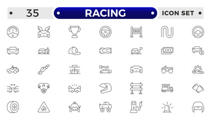 Motor Racing and Sport Car outline Icon Set. Formula 1, Speed, Pit Stop, automotive, race, automobiles, competition, championship, flag, wheel, medal, helmet, car, chassis, track.