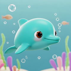 Cute Cartoon Dolphin in Underwater Scene Perfect for Kids Content