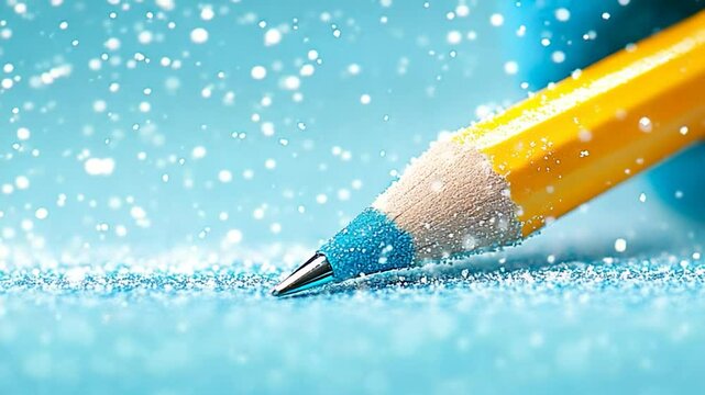 Close-up of a Yellow Pencil on a Sparkling Blue Surface