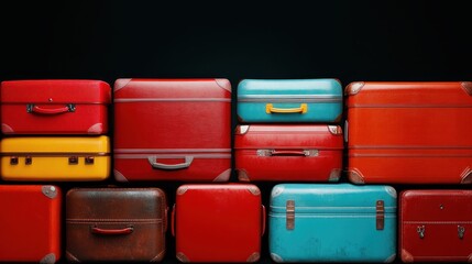 This vibrant collection of vintage luggage displays an array of colors, evoking nostalgia and wanderlust while being artistically arranged for an appealing composition.