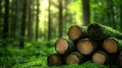 A serene assembly of moss-covered wooden logs in a lush green forest, reflecting nature's beauty and the importance of conservation in ecologically rich environments.
