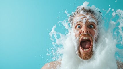 A man expresses pure excitement as soap foam splashes around his face, embodying the joy of playful moments in life while capturing a humorous essence in bright colors.
