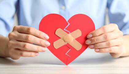 Mending a Broken Heart Symbolized by Bandages on a Torn Paper Heart