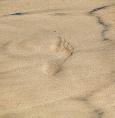 A foot print is in the sand