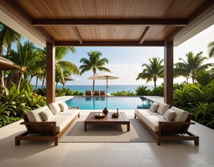 Obraz premium Luxurious tropical poolside living area with outdoor seating and ocean view