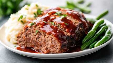 Enjoy a hearty serving of meatloaf glazed with sauce, served alongside creamy mashed potatoes and green beans, reflecting home-cooked comfort and culinary satisfaction.