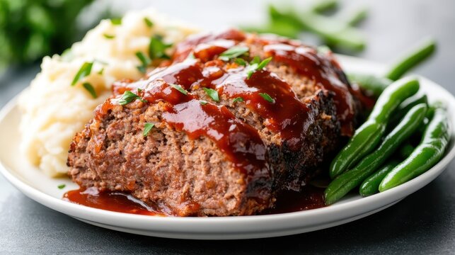 Enjoy a hearty serving of meatloaf glazed with sauce, served alongside creamy mashed potatoes and green beans, reflecting home-cooked comfort and culinary satisfaction.