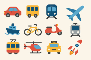 Colorful set of transport icons including car, bus, train, and bicycle