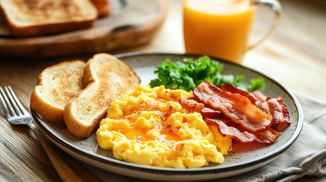 A hearty breakfast plate featuring scrambled eggs, crispy bacon, toasted bread, and fresh herbs, accompanied by orange juice on a rustic wooden table