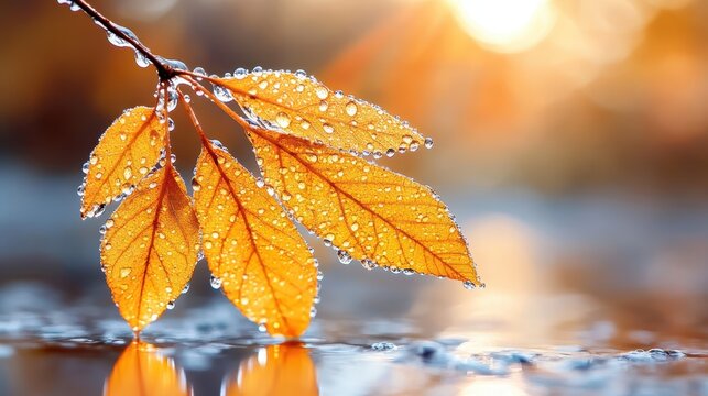 A close-up view of vibrant autumn leaves adorned with glistening water droplets in the warm glow of the sunrise, showcasing nature's beauty and tranquility. - Powered by Adobe